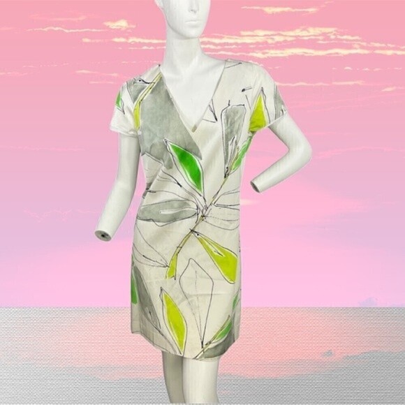 Milly Floral Graphic White Gray Green Cap Sleeve Sheath Dress Size 6 - Picture 1 of 12